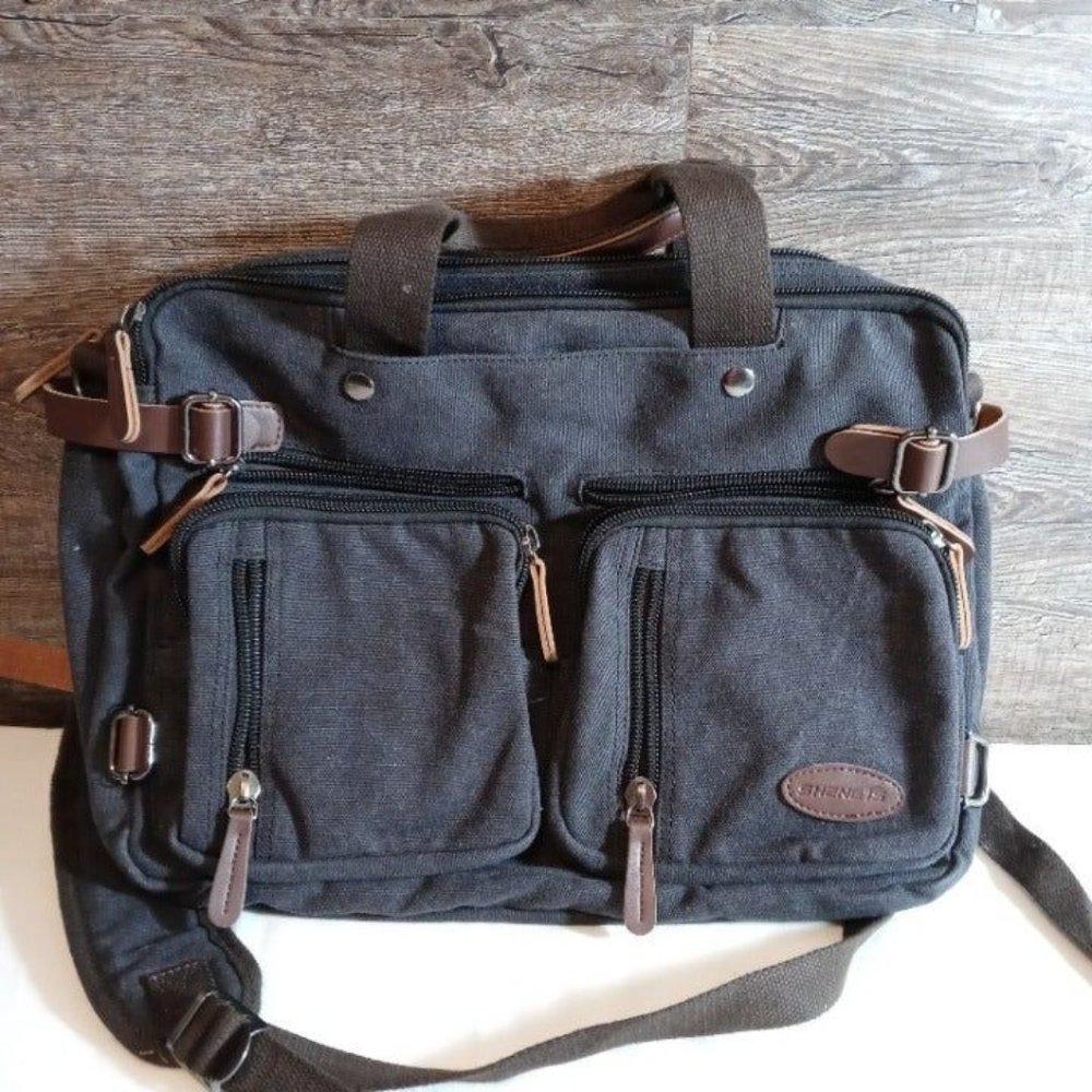 SHENG TS 15.6 Inch Canvas Briefcase, Convertible Laptop Backpack BookBag